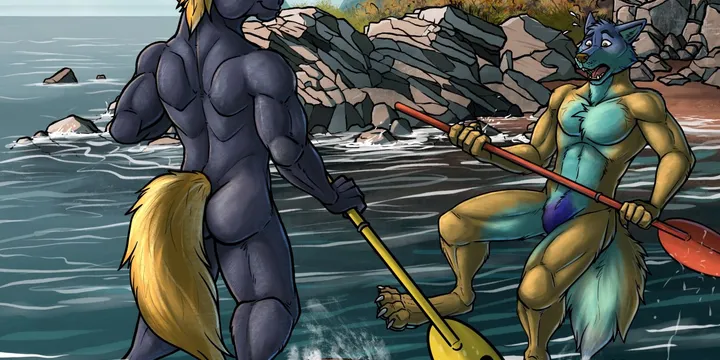 Tufty Indigo the teal fox and RCX the navy blue unicorn doing stand-up paddleboard in the sea. RCX is standing very confidently while Tufty Indigo looks like he is about to fall in.