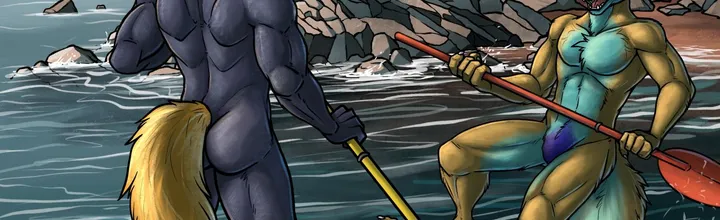 Tufty Indigo the teal fox and RCX the navy blue unicorn doing stand-up paddleboard in the sea. RCX is standing very confidently while Tufty Indigo looks like he is about to fall in.