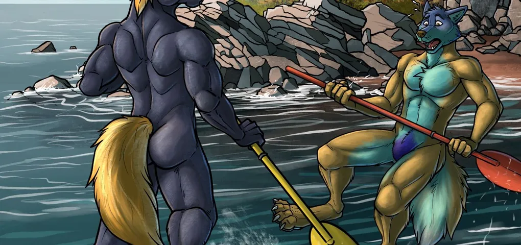 Tufty Indigo the teal fox and RCX the navy blue unicorn doing stand-up paddleboard in the sea. RCX is standing very confidently while Tufty Indigo looks like he is about to fall in.