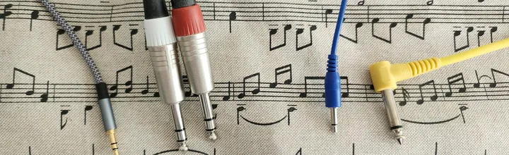 Four examples of audio cables, covering all combinations of quarter and eighth inch and TS and TRS