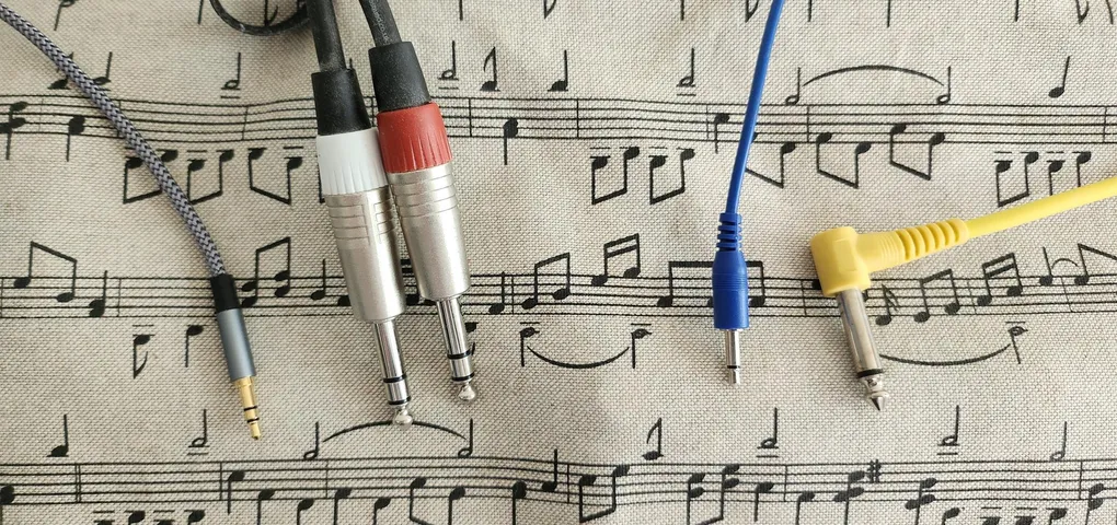 Four examples of audio cables, covering all combinations of quarter and eighth inch and TS and TRS