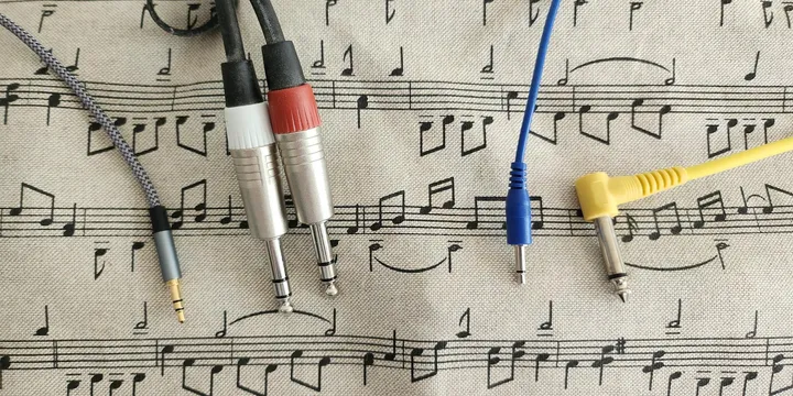 Four examples of audio cables, covering all combinations of quarter and eighth inch and TS and TRS
